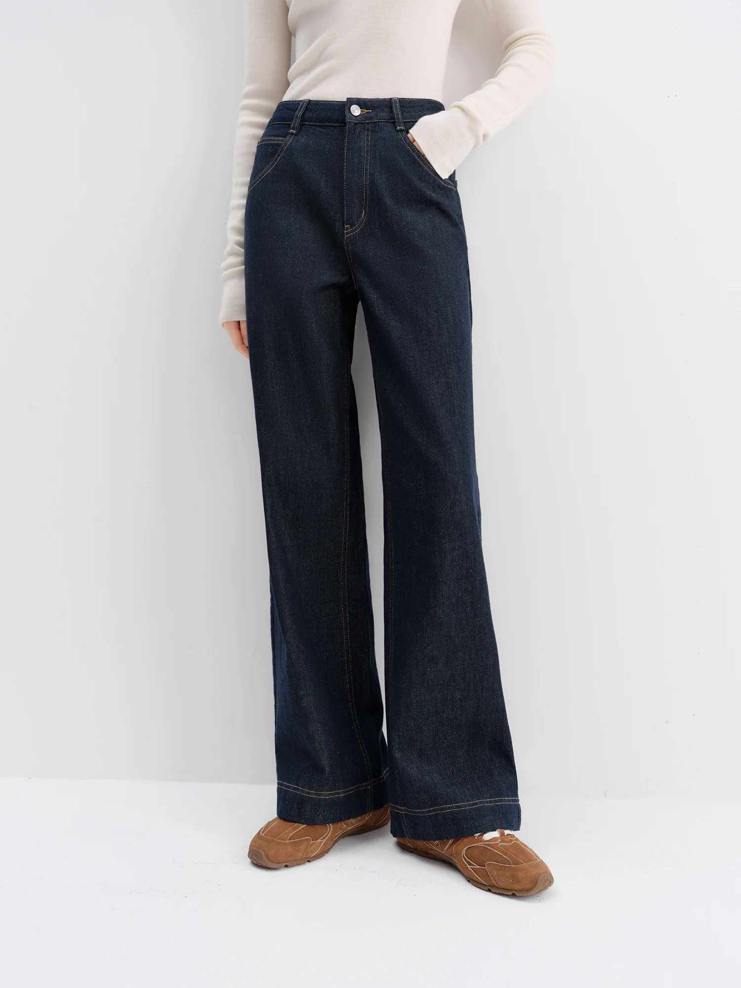 FSLE Straight High Waist Jeans for Women Winter Solid Simple All-match 2025 New Long and Short Versatile Pants Korean Style