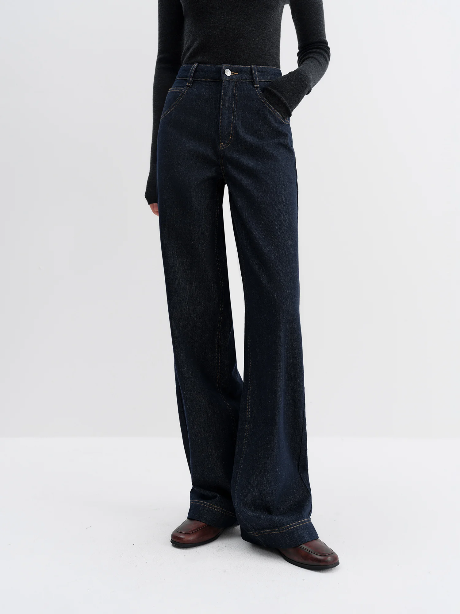 FSLE Straight High Waist Jeans for Women Winter Solid Simple All-match 2025 New Long and Short Versatile Pants Korean Style
