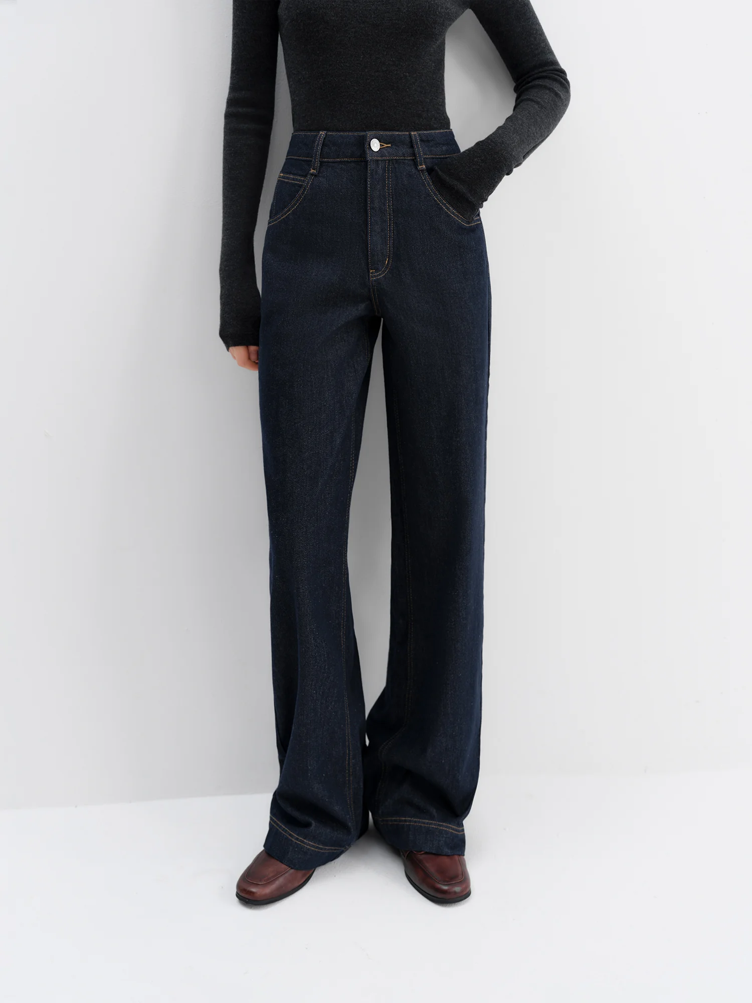FSLE Straight High Waist Jeans for Women Winter Solid Simple All-match 2025 New Long and Short Versatile Pants Korean Style