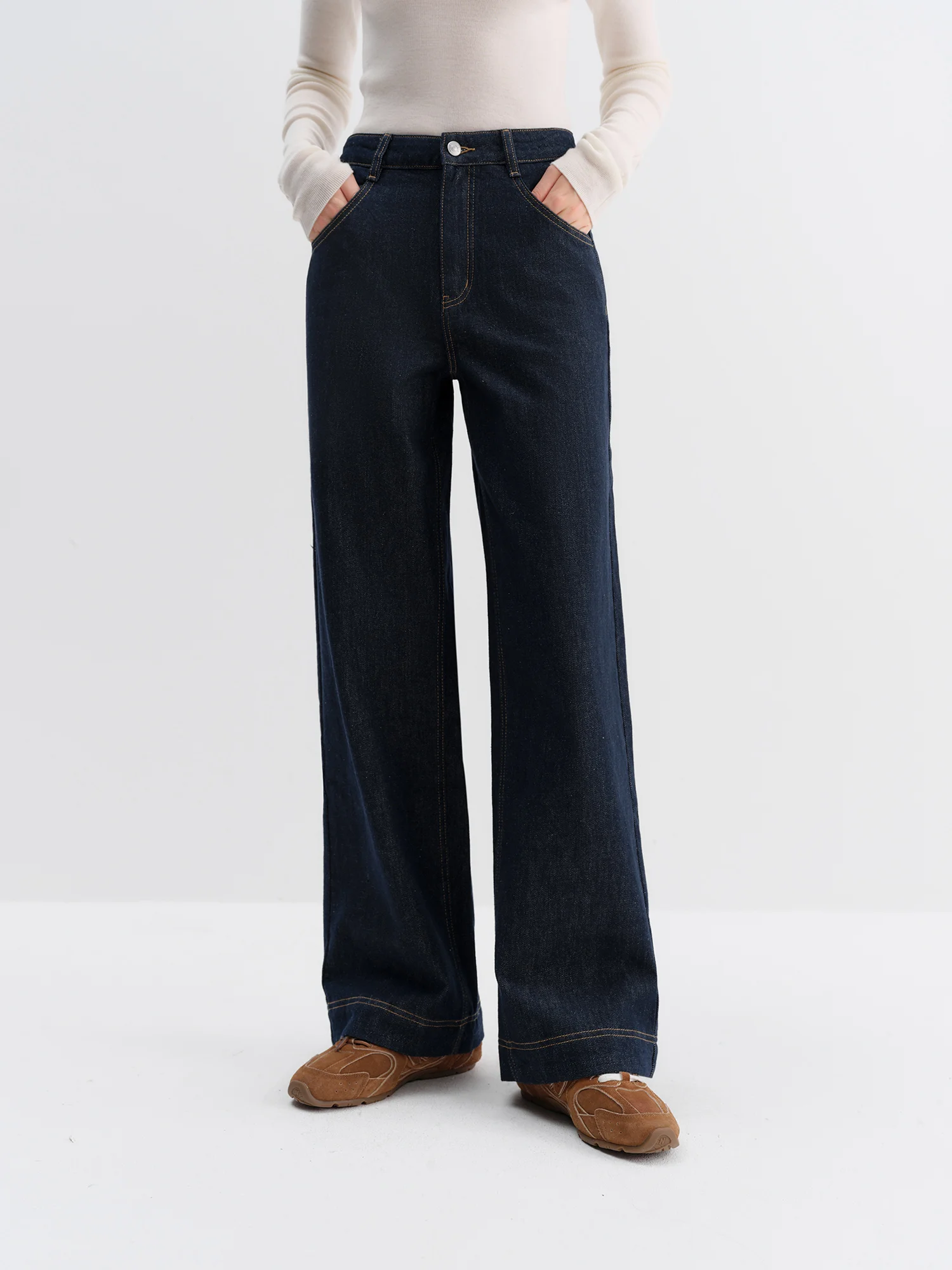 FSLE Straight High Waist Jeans for Women Winter Solid Simple All-match 2025 New Long and Short Versatile Pants Korean Style