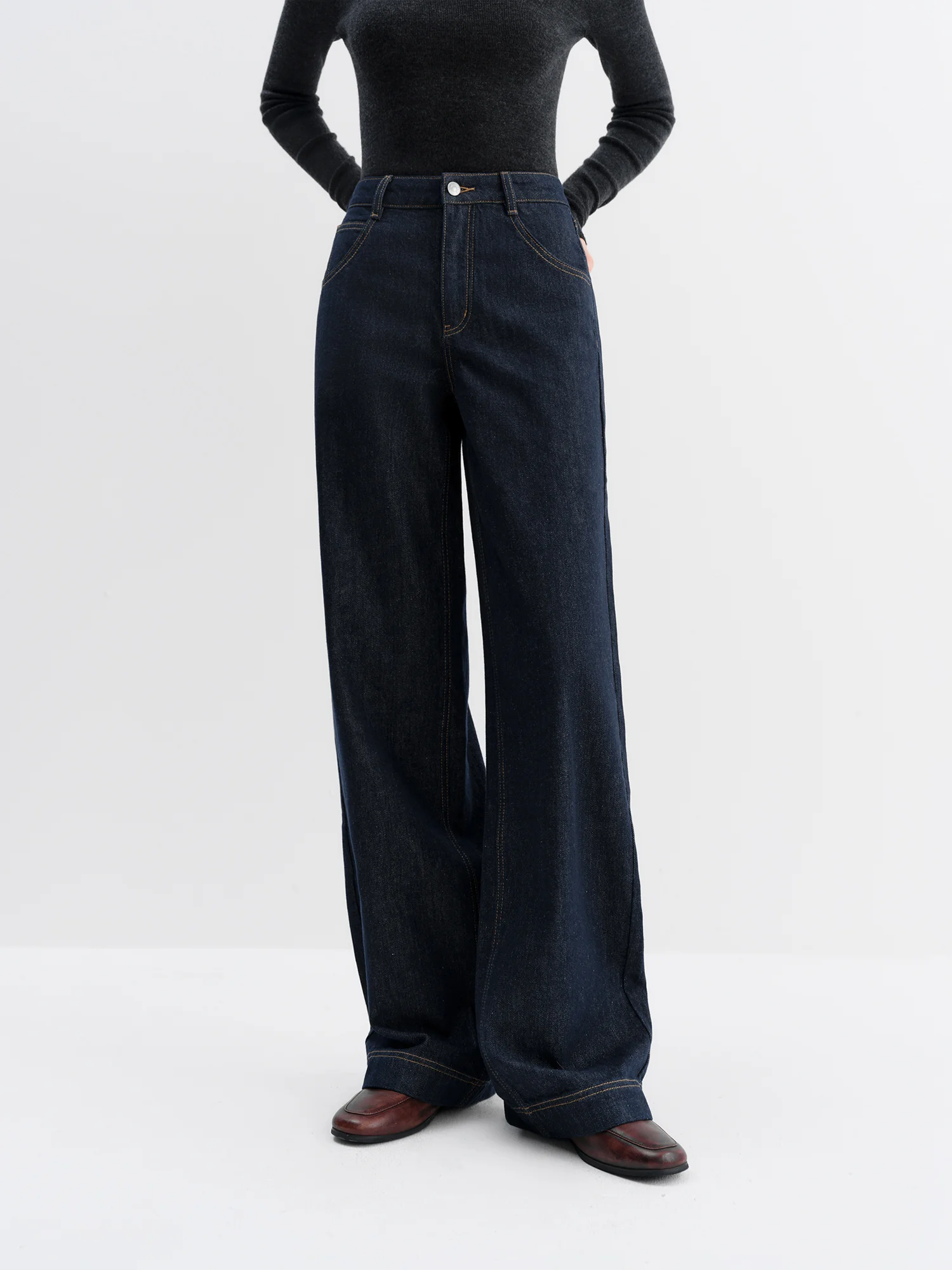 FSLE Straight High Waist Jeans for Women Winter Solid Simple All-match 2025 New Long and Short Versatile Pants Korean Style
