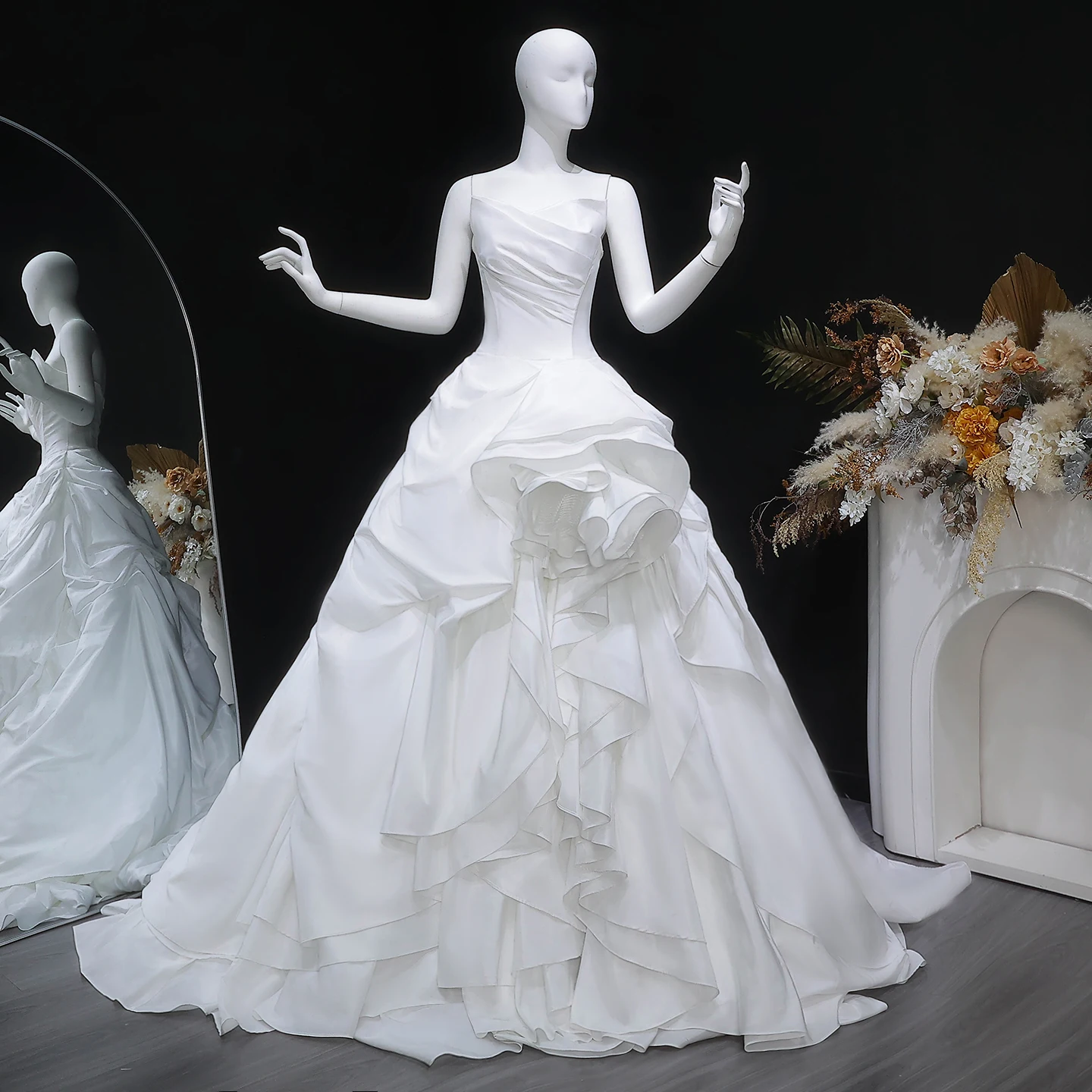 Sharon Said Luxury Satin Ball Gown Wedding Dress Draped Bodice Ruffled Layered Skirt Sweep Train Modern Bridal Gown SW628 Custom
