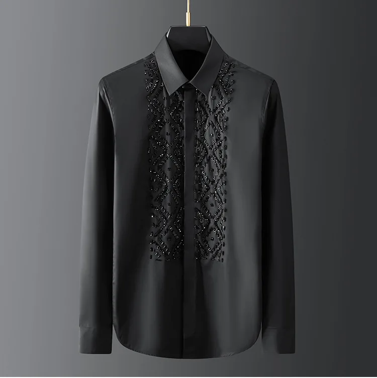 Luxury Handmade Beaded Men's Shirt Long Sleeve Slim Casual Business Dress Shirts Social Party Banquet Stage Star Men Clothing