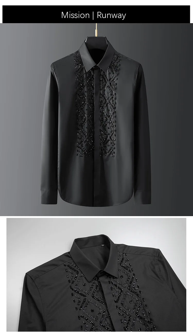 Luxury Handmade Beaded Men's Shirt Long Sleeve Slim Casual Business Dress Shirts Social Party Banquet Stage Star Men Clothing