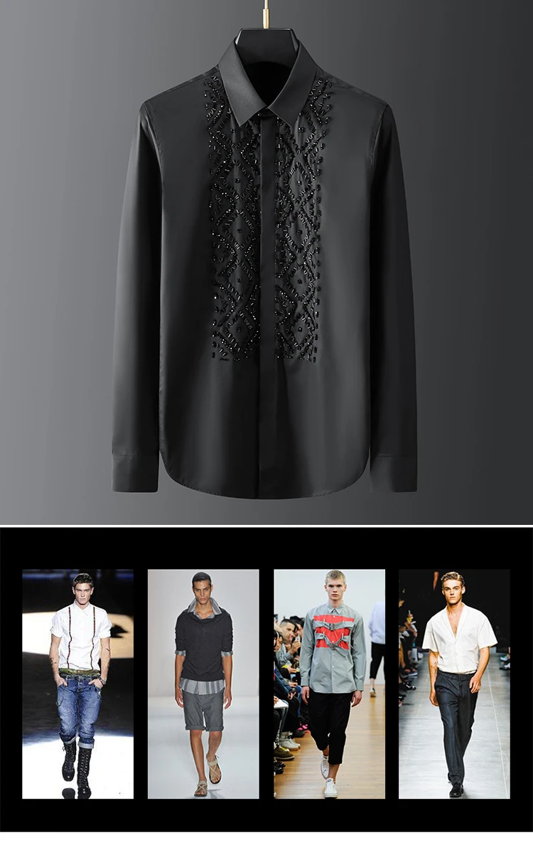 Luxury Handmade Beaded Men's Shirt Long Sleeve Slim Casual Business Dress Shirts Social Party Banquet Stage Star Men Clothing