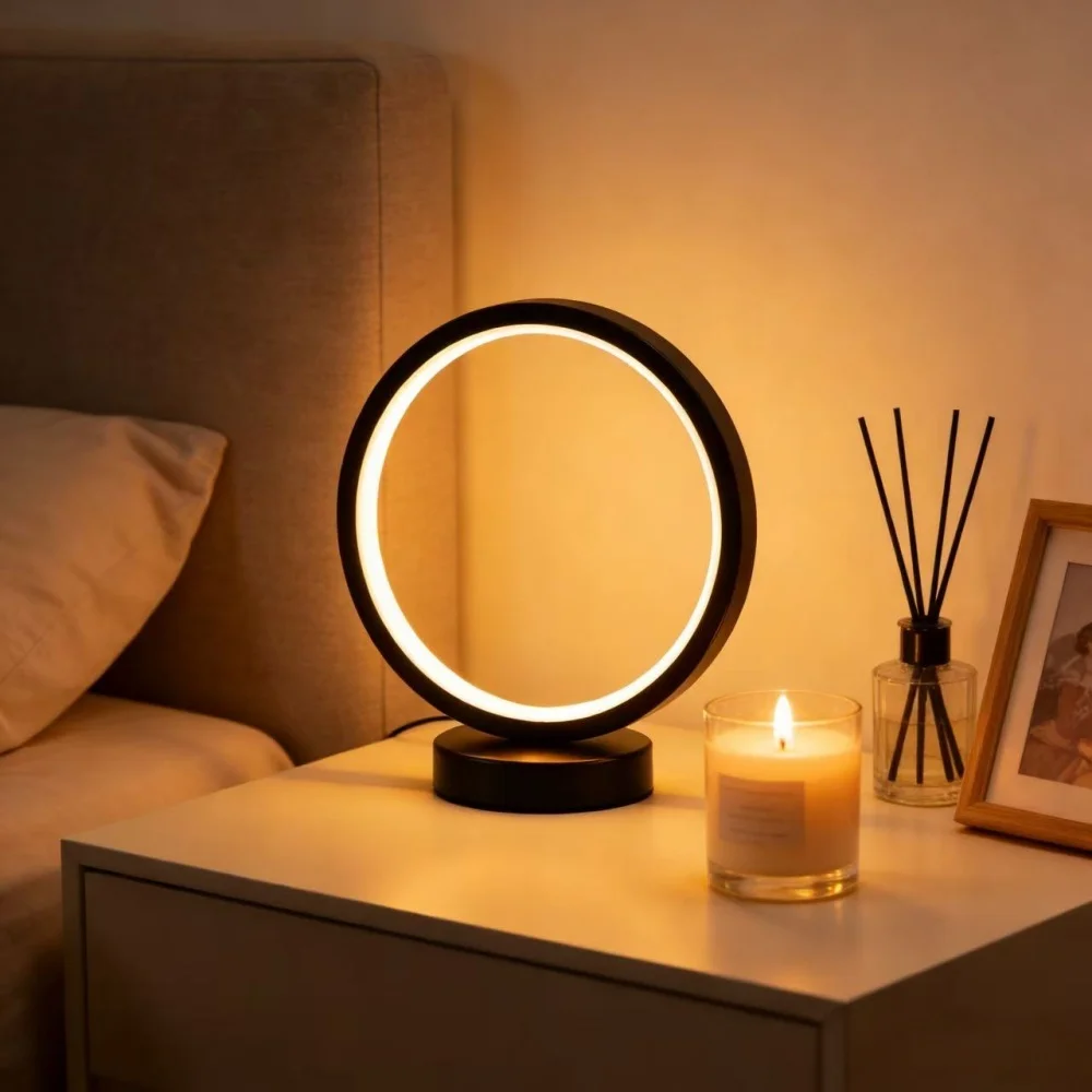 Nordic Style LED Table Lamp 5VUSB Plug Three Tone Light Circular Atmosphere Wrought Iron Design for Bedroom Study