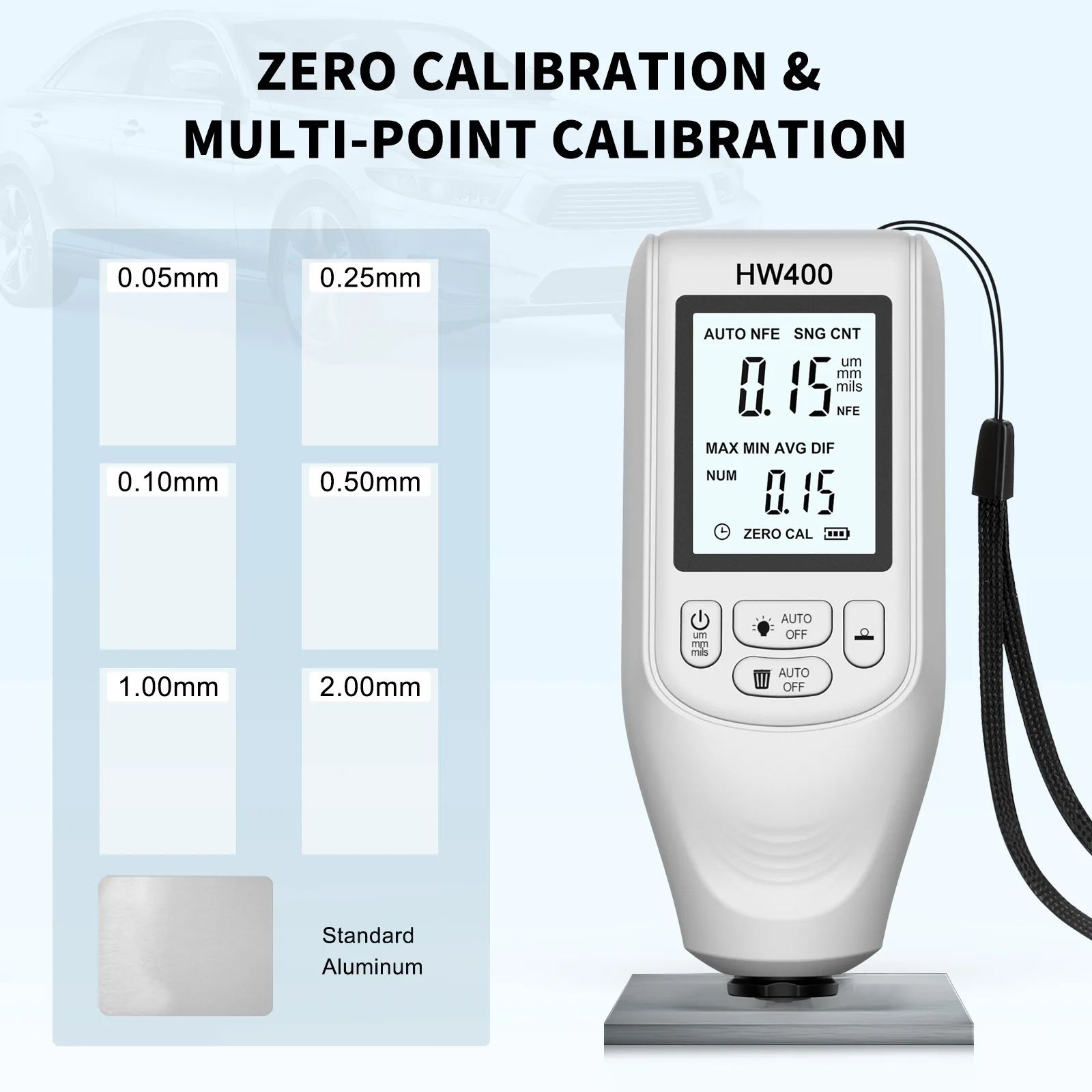 HW400 Automobile Thickness Gauge High-Precision Car Paint Thickness Tester Paint Tool 1um /0-2000 FE/NFE Coating Measurement