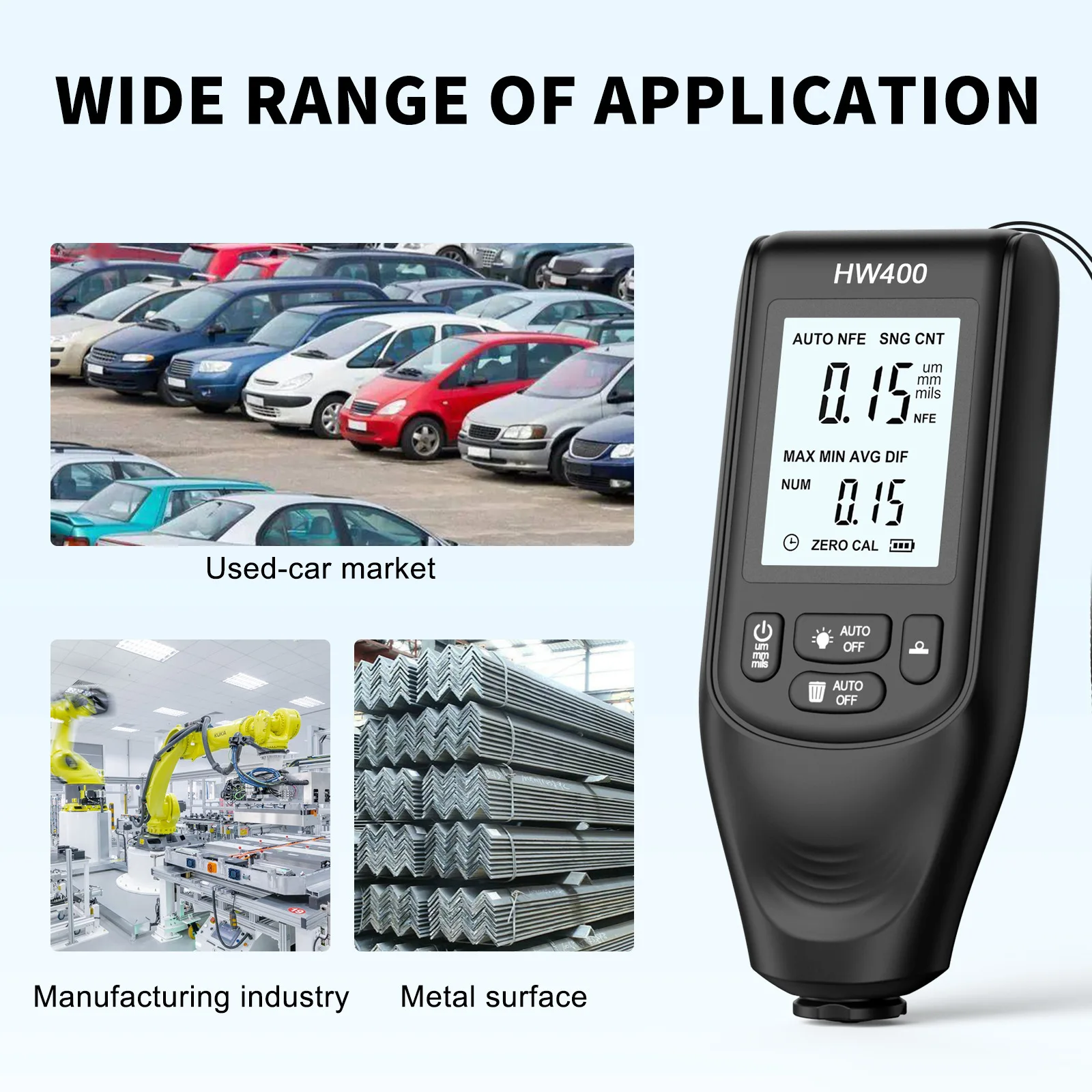HW400 Automobile Thickness Gauge High-Precision Car Paint Thickness Tester Paint Tool 1um /0-2000 FE/NFE Coating Measurement