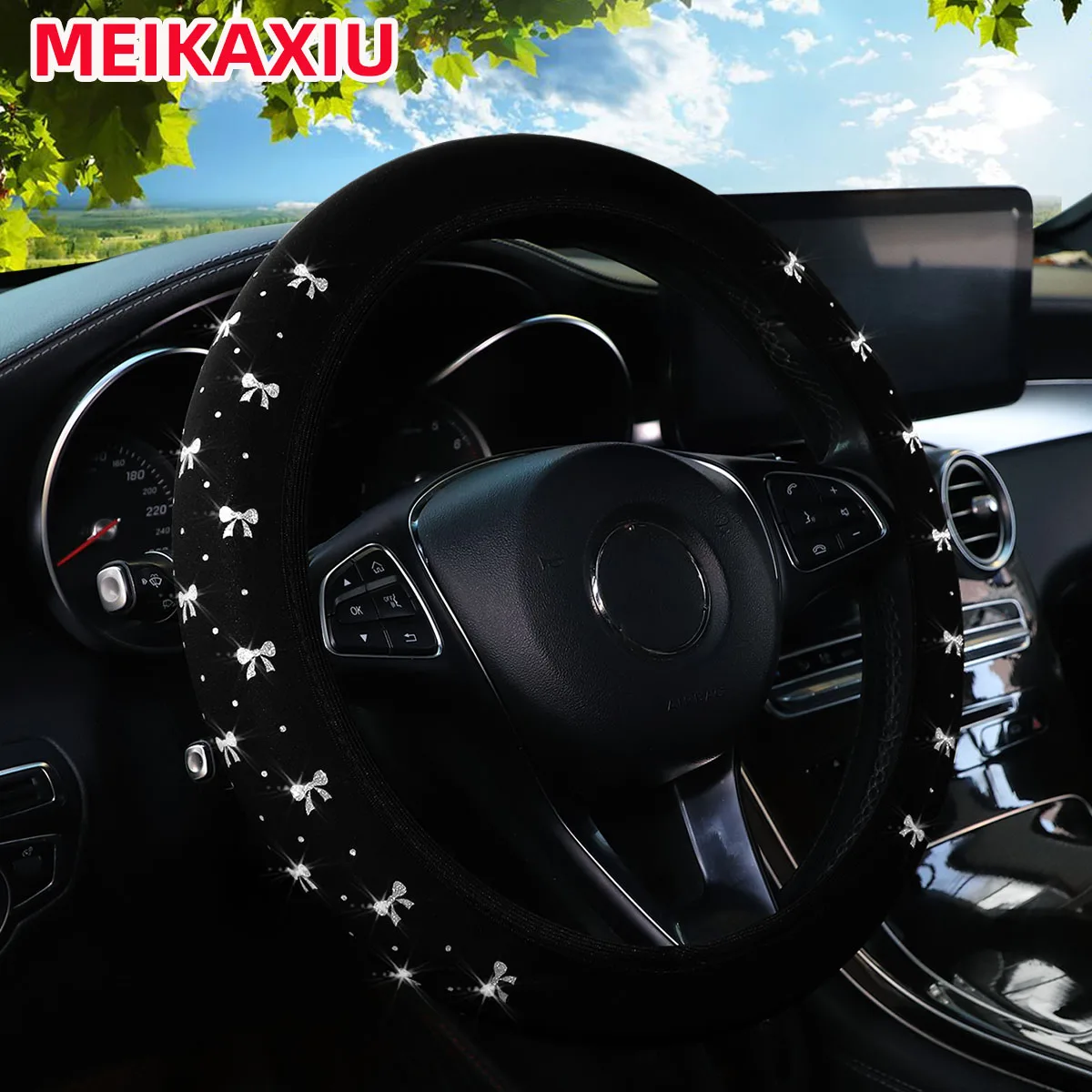 14.5-15inch Blingbling Fabric Elastic Hubless Steering Wheel Cover with Glittering Bow Automotive Supplies