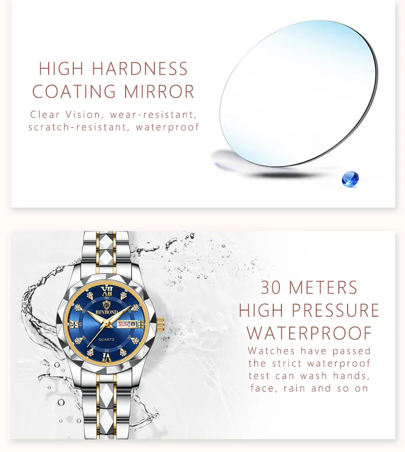 BINBOND B2521 Top Brand Luxury Fashion Business Womens Quartz Watches 30M Waterproof Week Date Clock Sport Womens Wristwatch