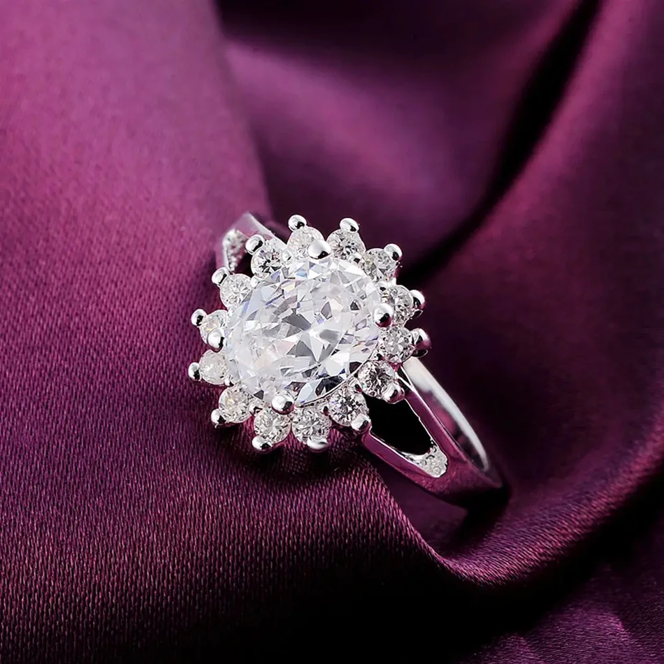 Popular Brands 925 Sterling Silver Crystal Flower Moissanite Diamond Rings for Women Fashion Wedding Party Gifts Jewelry