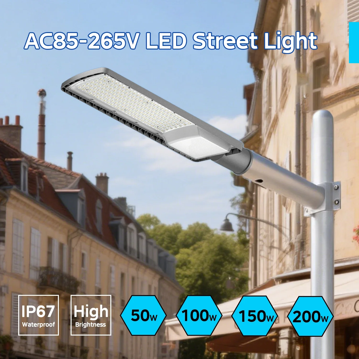 Swiatla LED Street Light AC85-265V, IP67 Waterproof Hardwired Commercial Security Floodlight, 50W 100W 150W 200W Super Bright 6500K Daylight Roadway Lamp for Parking Lot, Garden, Yard, Pole & Wall Mount