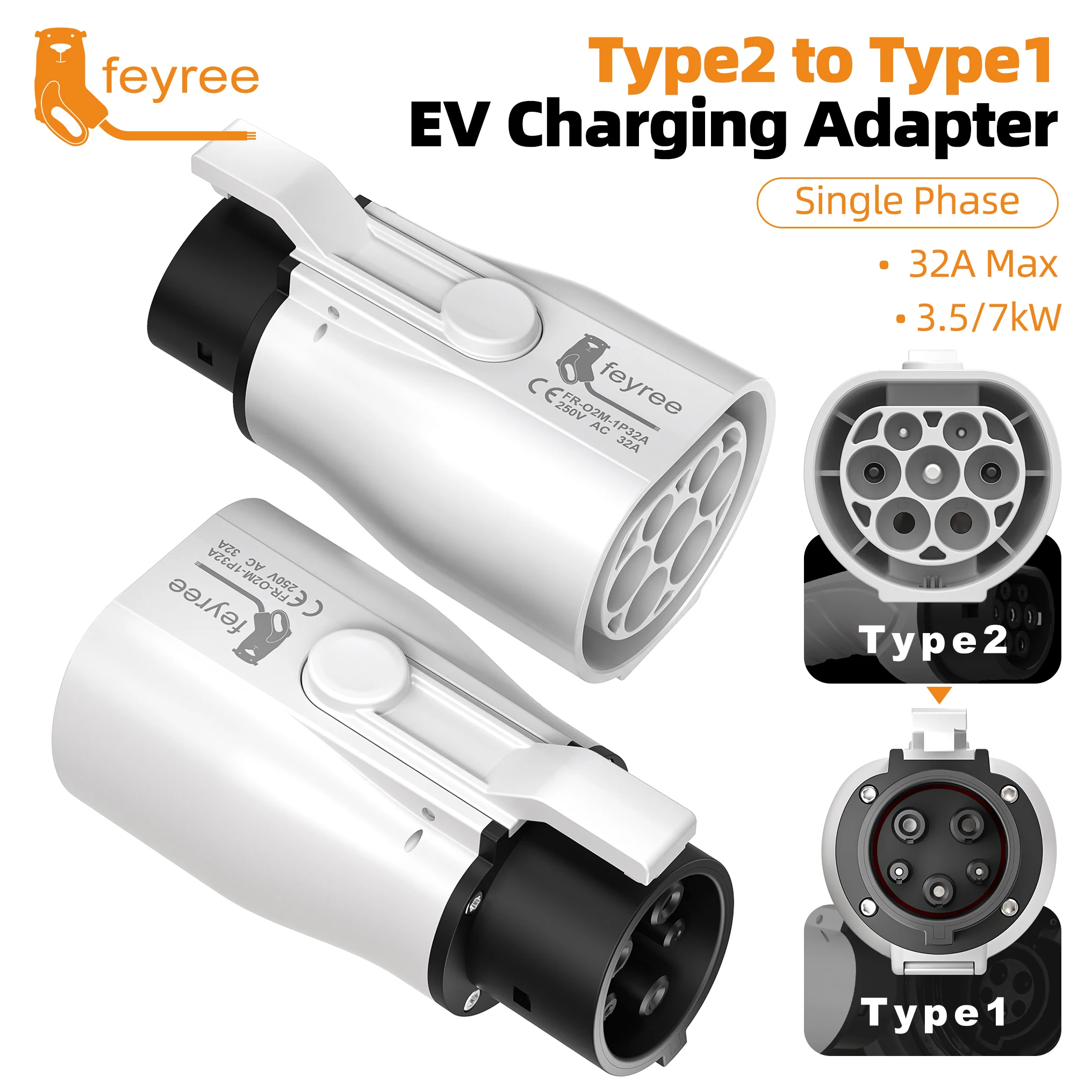 Feyree Type 2 to Type 1 Adapter IEC 62196-2 to J1772 EV Charger Adapter for Electric Vehicle Charging 16A 32A Single Phase