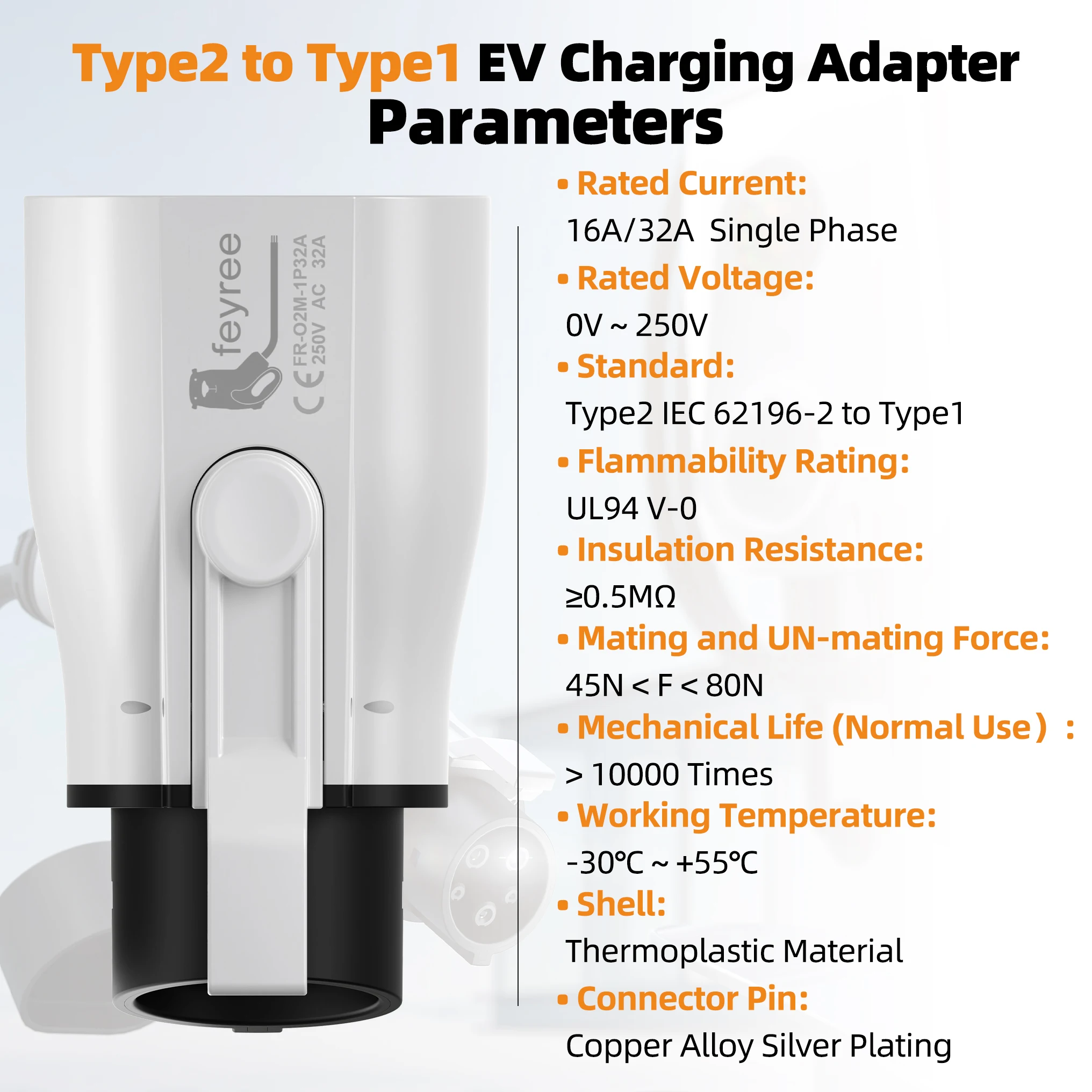 Feyree Type 2 to Type 1 Adapter IEC 62196-2 to J1772 EV Charger Adapter for Electric Vehicle Charging 16A 32A Single Phase