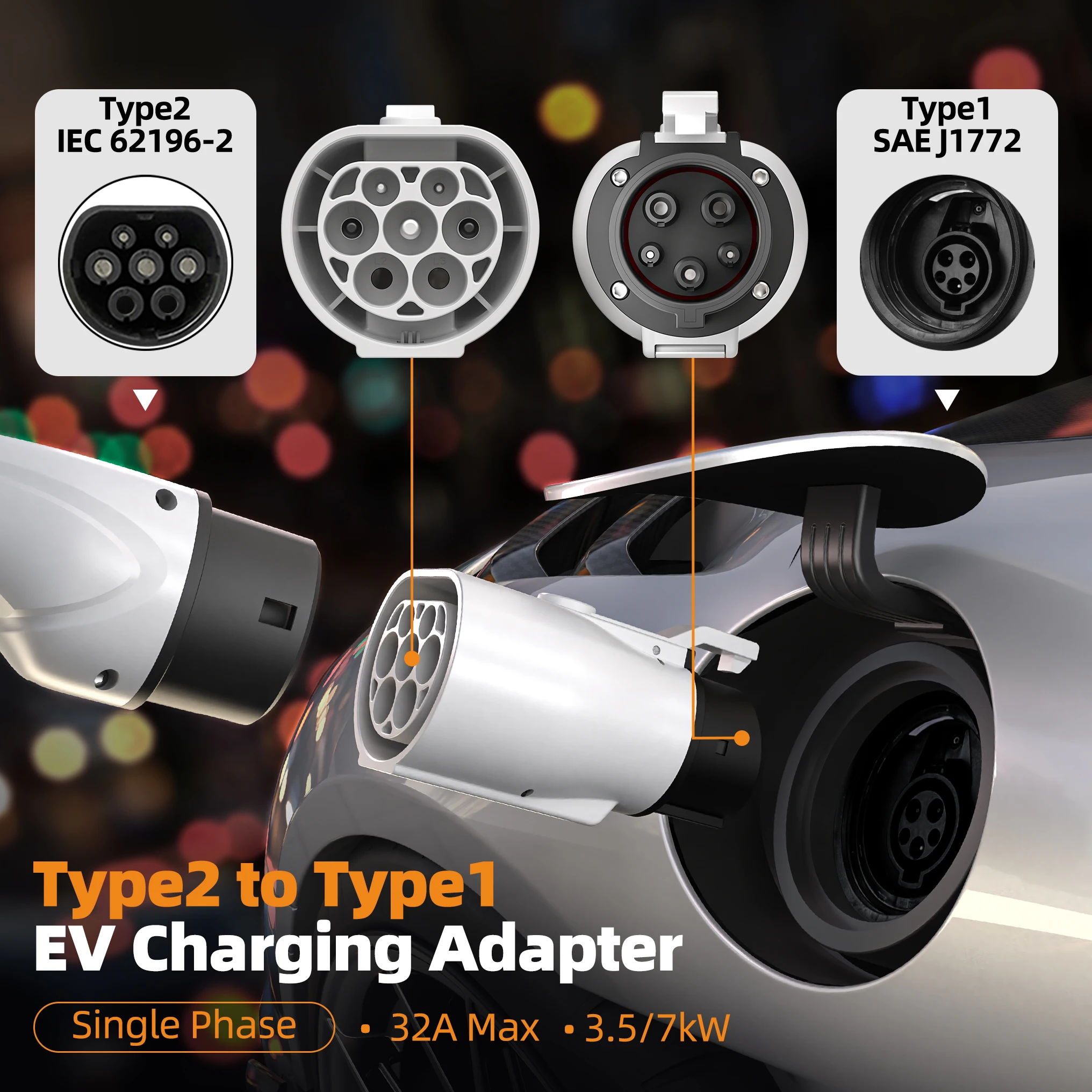 Feyree Type 2 to Type 1 Adapter IEC 62196-2 to J1772 EV Charger Adapter for Electric Vehicle Charging 16A 32A Single Phase
