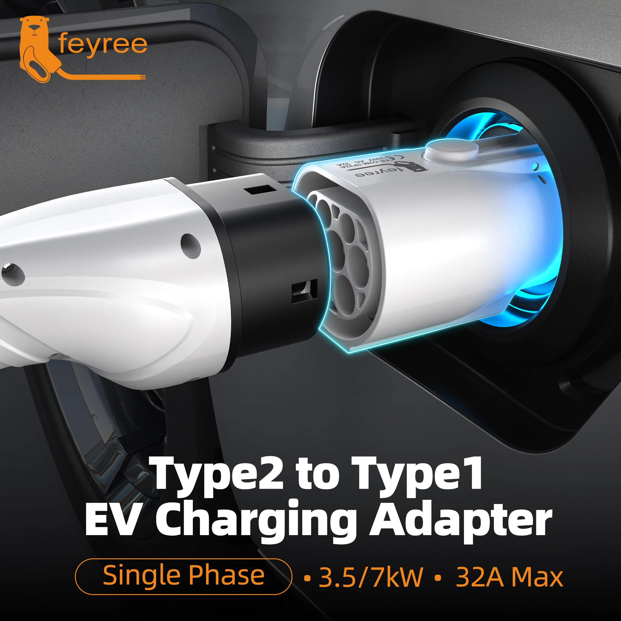 Feyree Type 2 to Type 1 Adapter IEC 62196-2 to J1772 EV Charger Adapter for Electric Vehicle Charging 16A 32A Single Phase