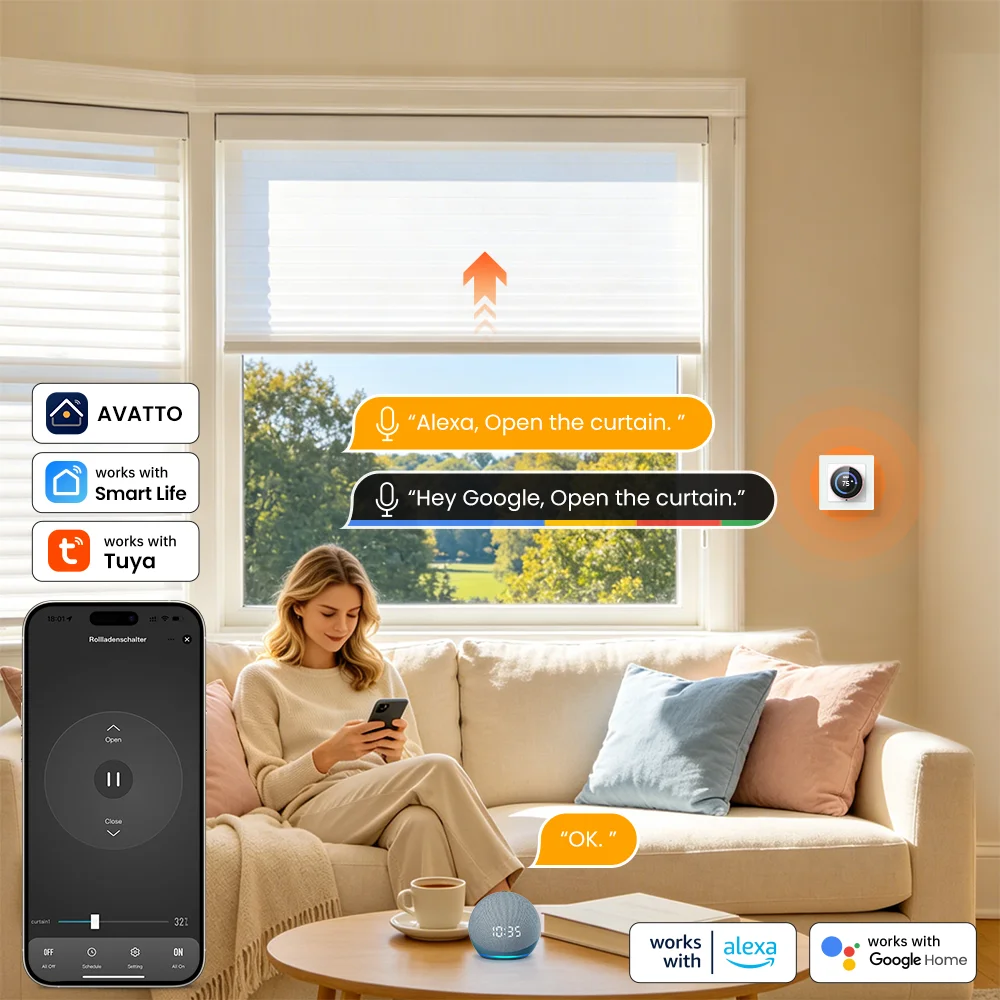 AVATTO WiFi Smart Knob Curtain Switch,Precise Percentage Control,With Ambient Light Ring,Support Tuya Alexa Google Home Alice