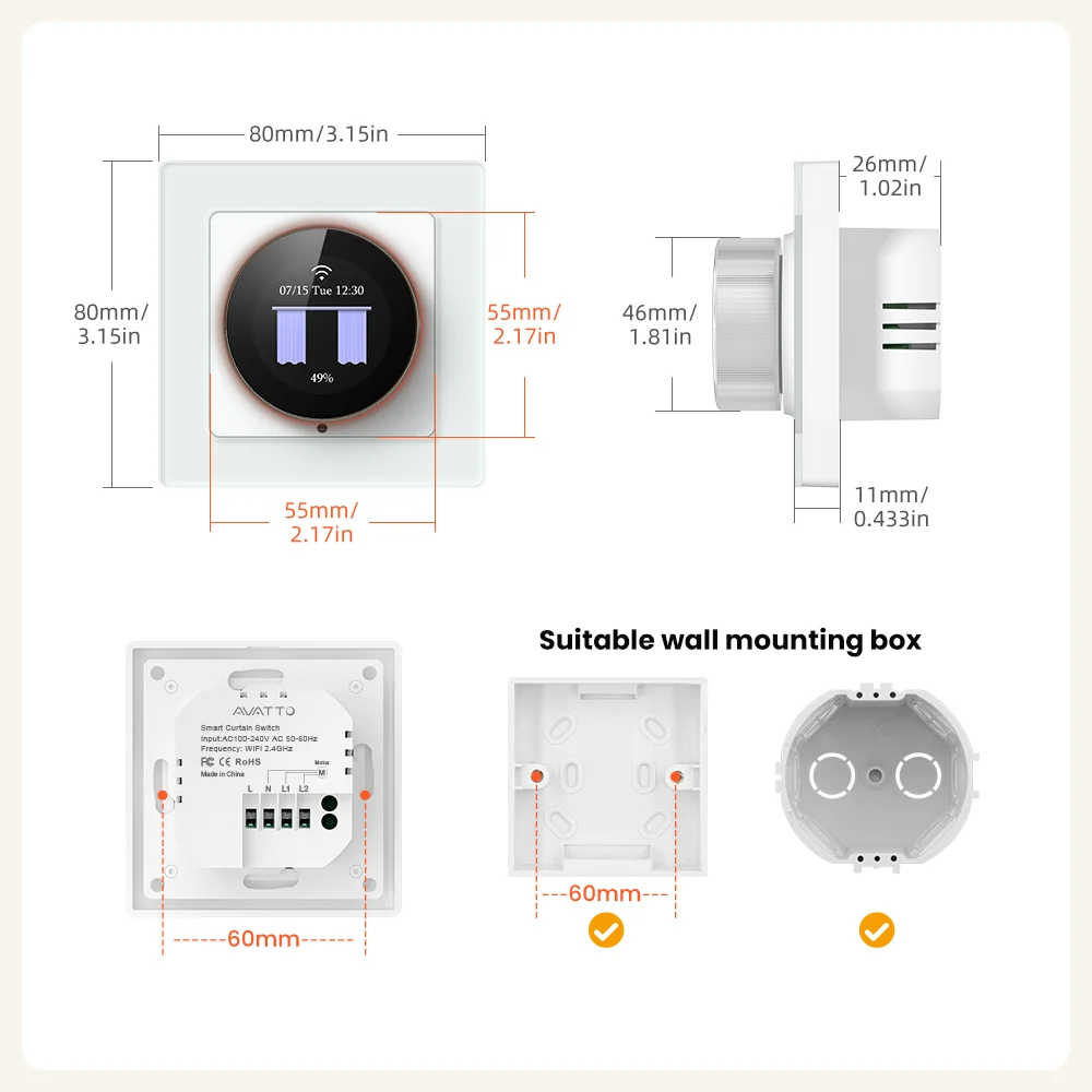 AVATTO WiFi Smart Knob Curtain Switch,Precise Percentage Control,With Ambient Light Ring,Support Tuya Alexa Google Home Alice