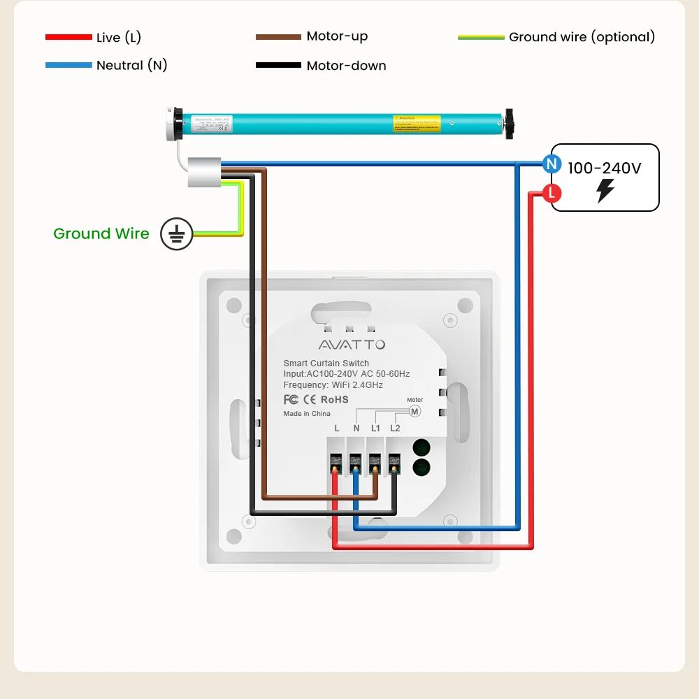 AVATTO WiFi Smart Knob Curtain Switch,Precise Percentage Control,With Ambient Light Ring,Support Tuya Alexa Google Home Alice