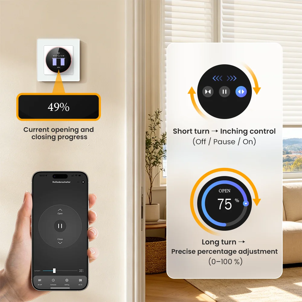 AVATTO WiFi Smart Knob Curtain Switch,Precise Percentage Control,With Ambient Light Ring,Support Tuya Alexa Google Home Alice