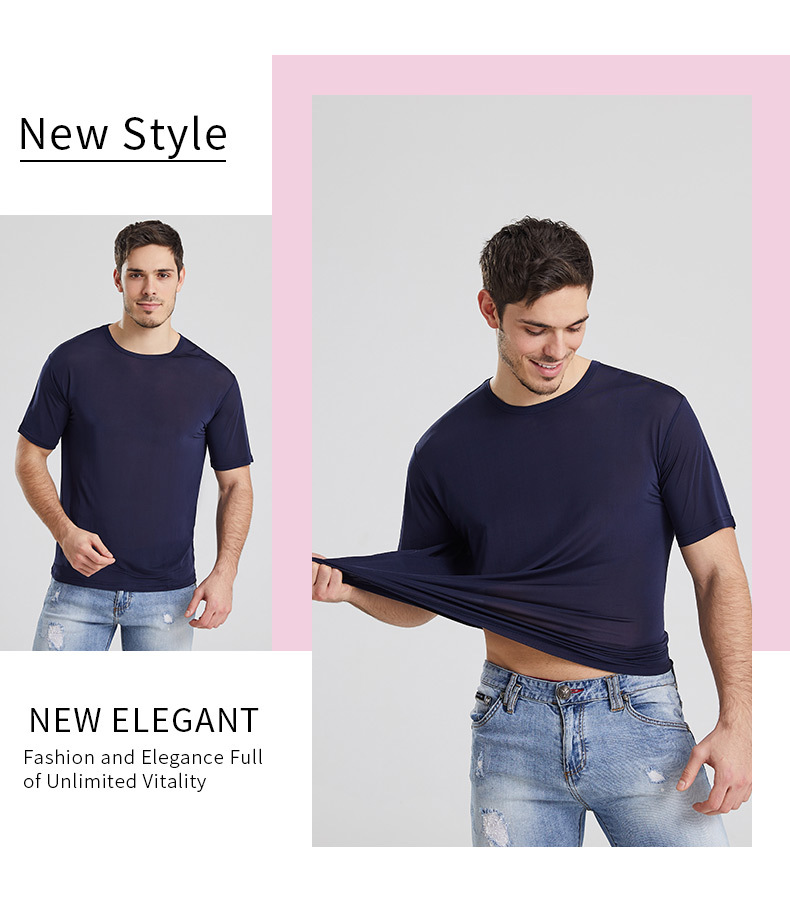 100% Mulberry Silk T-shirt Men Tops Fashion Comfortable Loose Casual Round Neck Cultural Shirt Pure Color Man Silk Pullover