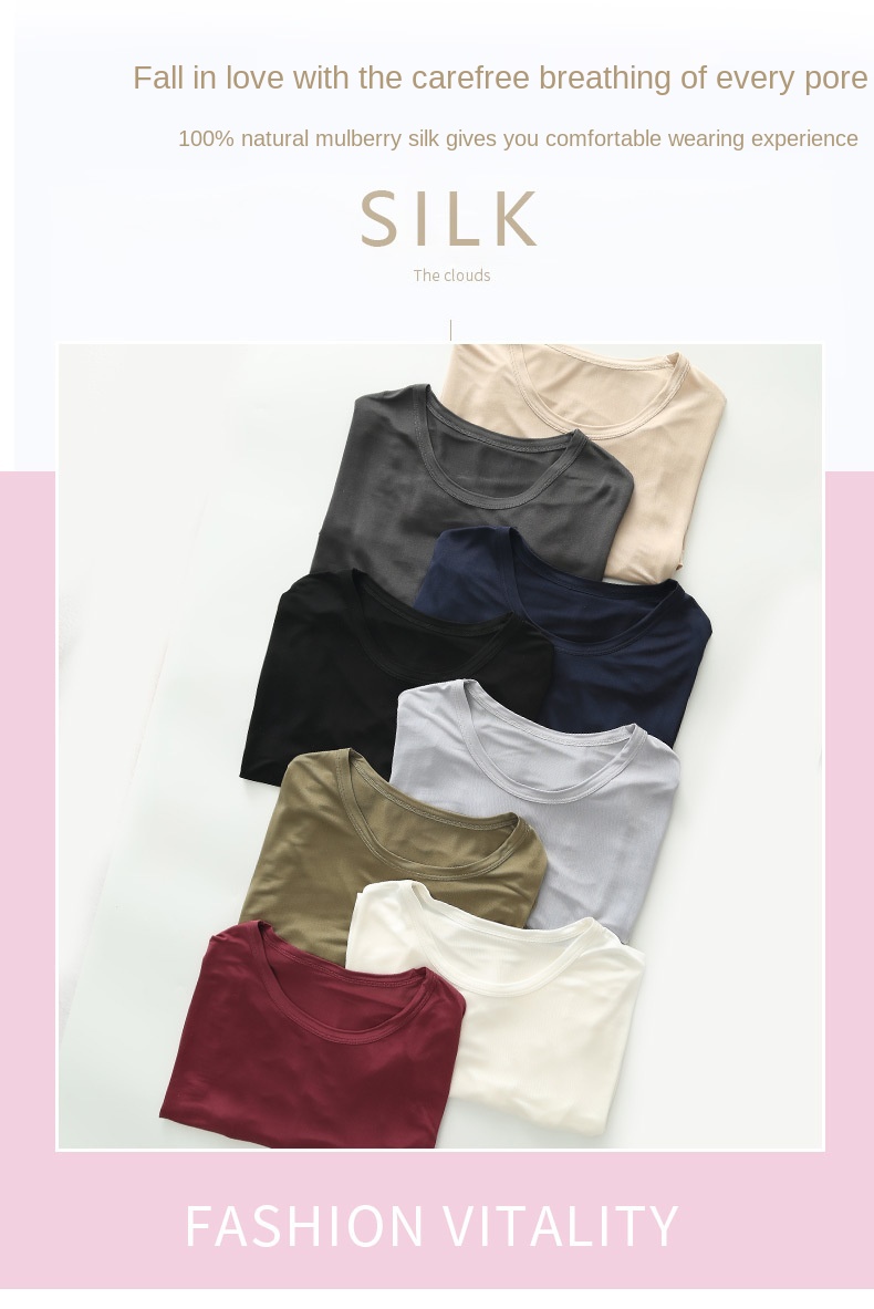 100% Mulberry Silk T-shirt Men Tops Fashion Comfortable Loose Casual Round Neck Cultural Shirt Pure Color Man Silk Pullover