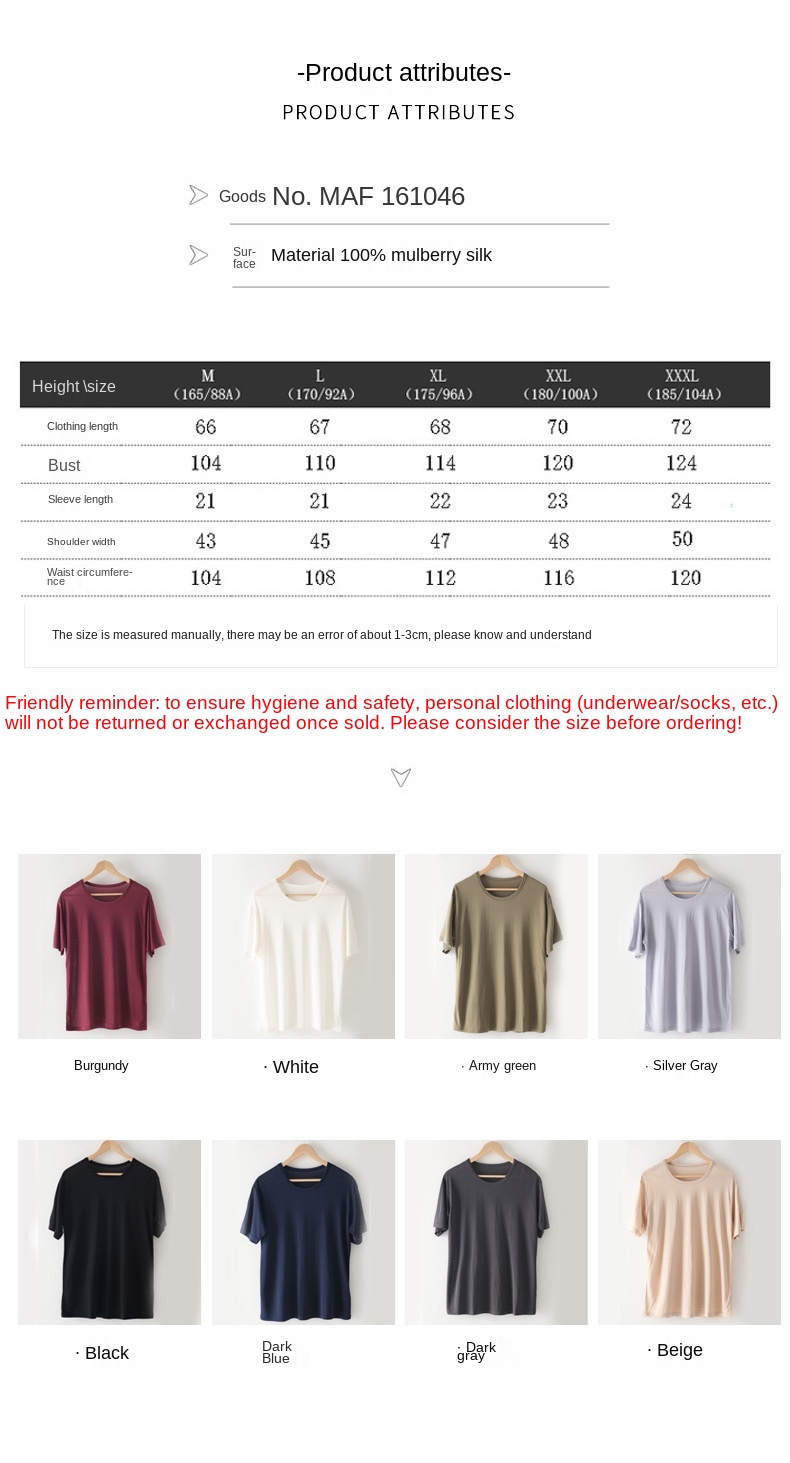 100% Mulberry Silk T-shirt Men Tops Fashion Comfortable Loose Casual Round Neck Cultural Shirt Pure Color Man Silk Pullover