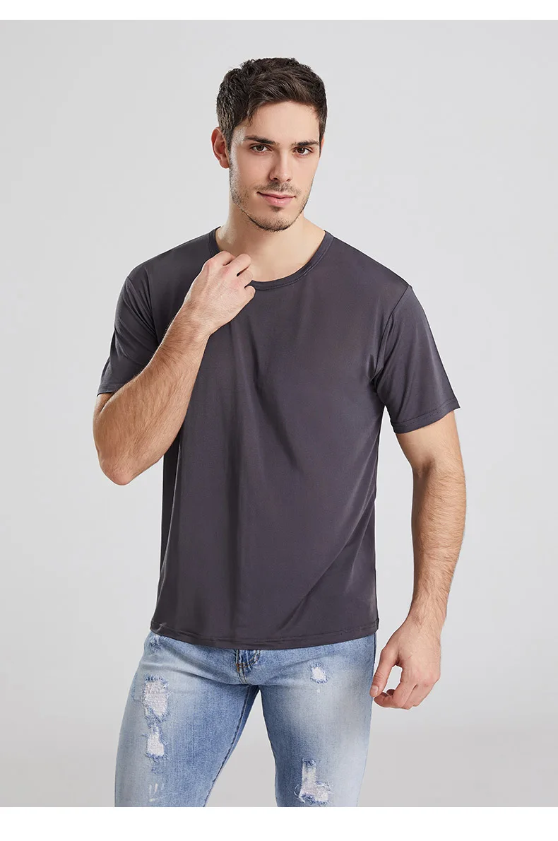 100% Mulberry Silk T-shirt Men Tops Fashion Comfortable Loose Casual Round Neck Cultural Shirt Pure Color Man Silk Pullover