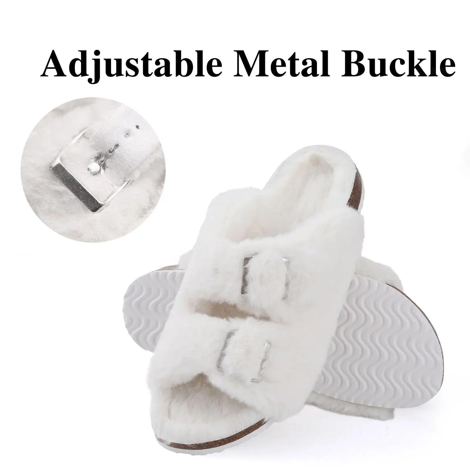Crestar Women Fuzzy Slippers with Cork Footbed Fluffy Slide Sandals Open Toe Indoor House Shoes Arch Support Adjustable Slippers