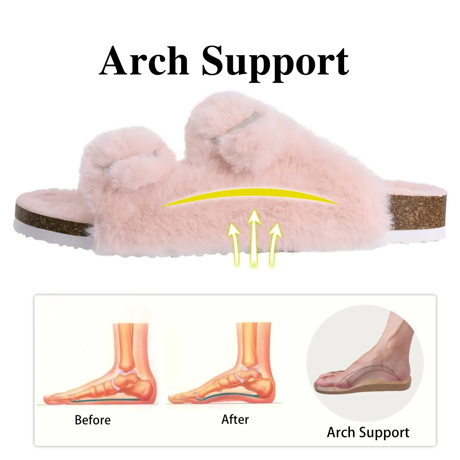Crestar Women Fuzzy Slippers with Cork Footbed Fluffy Slide Sandals Open Toe Indoor House Shoes Arch Support Adjustable Slippers