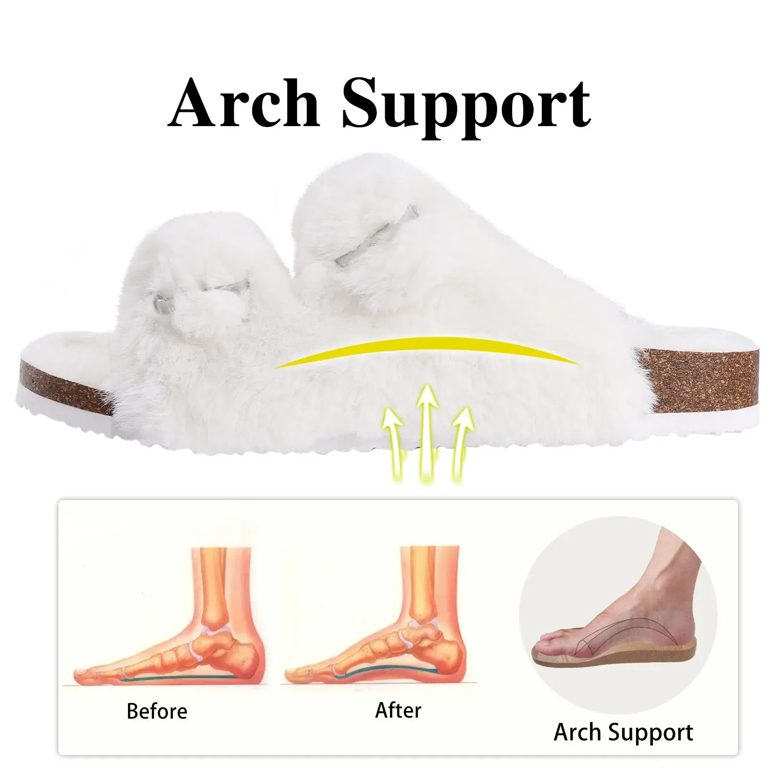 Crestar Women Fuzzy Slippers with Cork Footbed Fluffy Slide Sandals Open Toe Indoor House Shoes Arch Support Adjustable Slippers