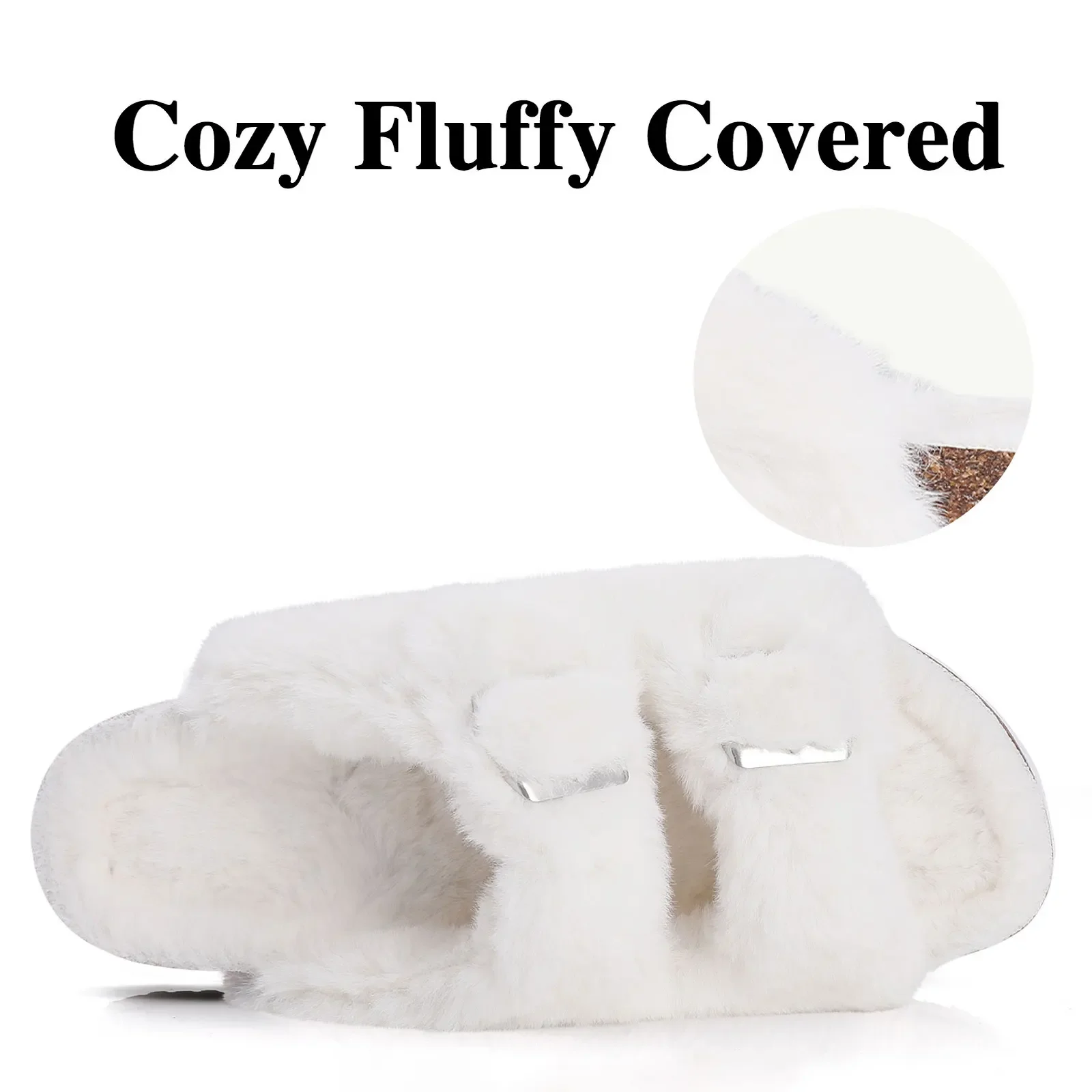 Crestar Women Fuzzy Slippers with Cork Footbed Fluffy Slide Sandals Open Toe Indoor House Shoes Arch Support Adjustable Slippers