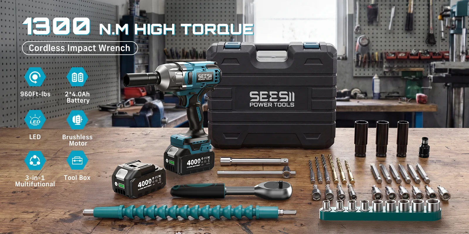SEESII WH860 1300N.m 3-in-1 Impact Wrench & Cordless Drill & Screwdriver 1/2 Inch Brushless Motor Electric Impact Gun Kit Repair Tools With 2x4000mah Batteries LED Light For Car Truck Home DIY