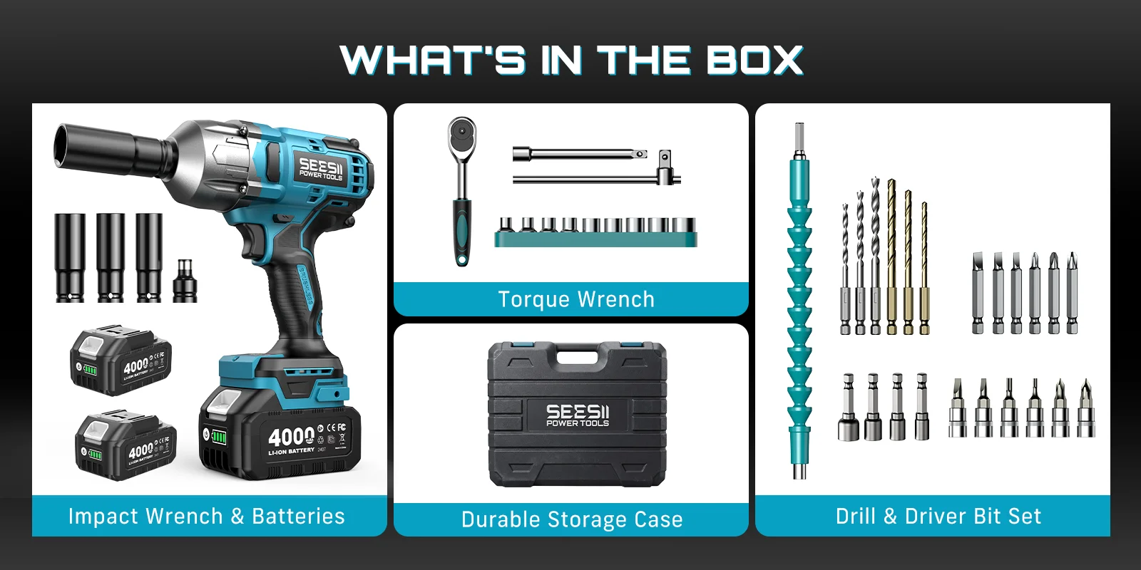 SEESII WH860 1300N.m 3-in-1 Impact Wrench & Cordless Drill & Screwdriver 1/2 Inch Brushless Motor Electric Impact Gun Kit Repair Tools With 2x4000mah Batteries LED Light For Car Truck Home DIY