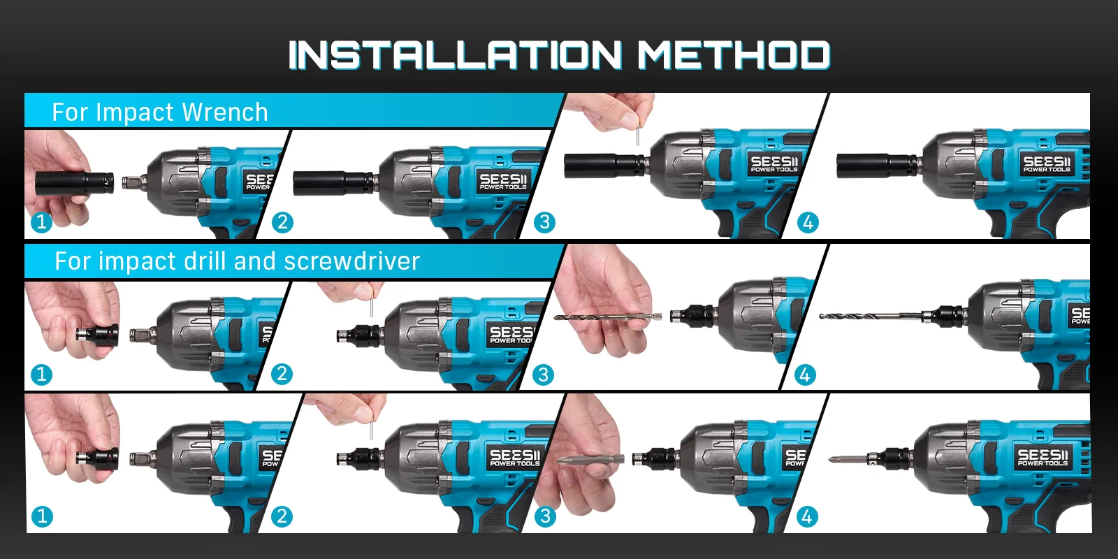 SEESII WH860 1300N.m 3-in-1 Impact Wrench & Cordless Drill & Screwdriver 1/2 Inch Brushless Motor Electric Impact Gun Kit Repair Tools With 2x4000mah Batteries LED Light For Car Truck Home DIY