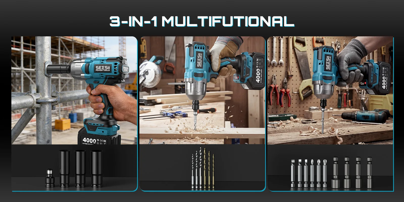 SEESII WH860 1300N.m 3-in-1 Impact Wrench & Cordless Drill & Screwdriver 1/2 Inch Brushless Motor Electric Impact Gun Kit Repair Tools With 2x4000mah Batteries LED Light For Car Truck Home DIY