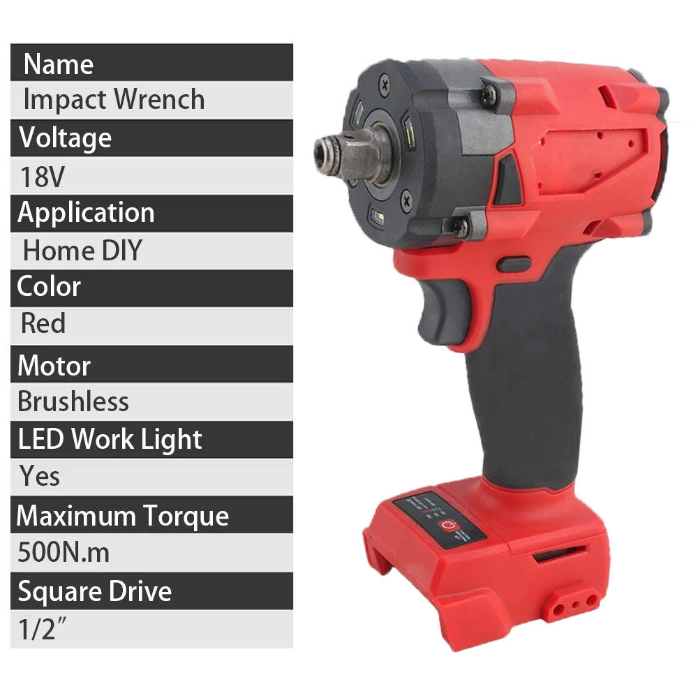 1/2\" Repair Brushless Electric Impac Wrench 4 Gears Impact Wrench 500N.m Cordless Electric Screwdriver Driver Power Tools for Milwaukee 18V Battery Pin