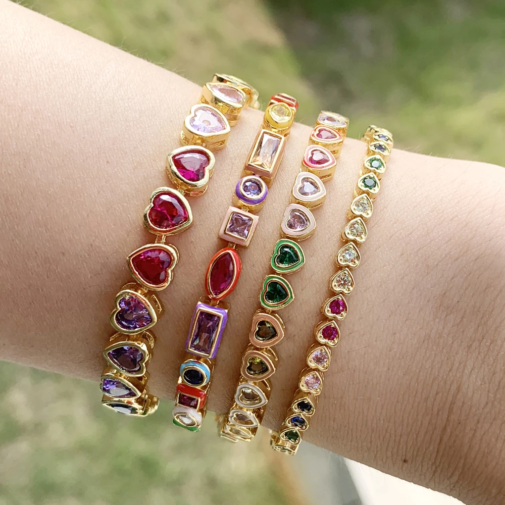 2025 New Fashion Gold Color Colorful Rainbow Bracelet 5A Cubic Zirconia CZ Enamel Geometric Tennis Chain Bangle Women Jewelry