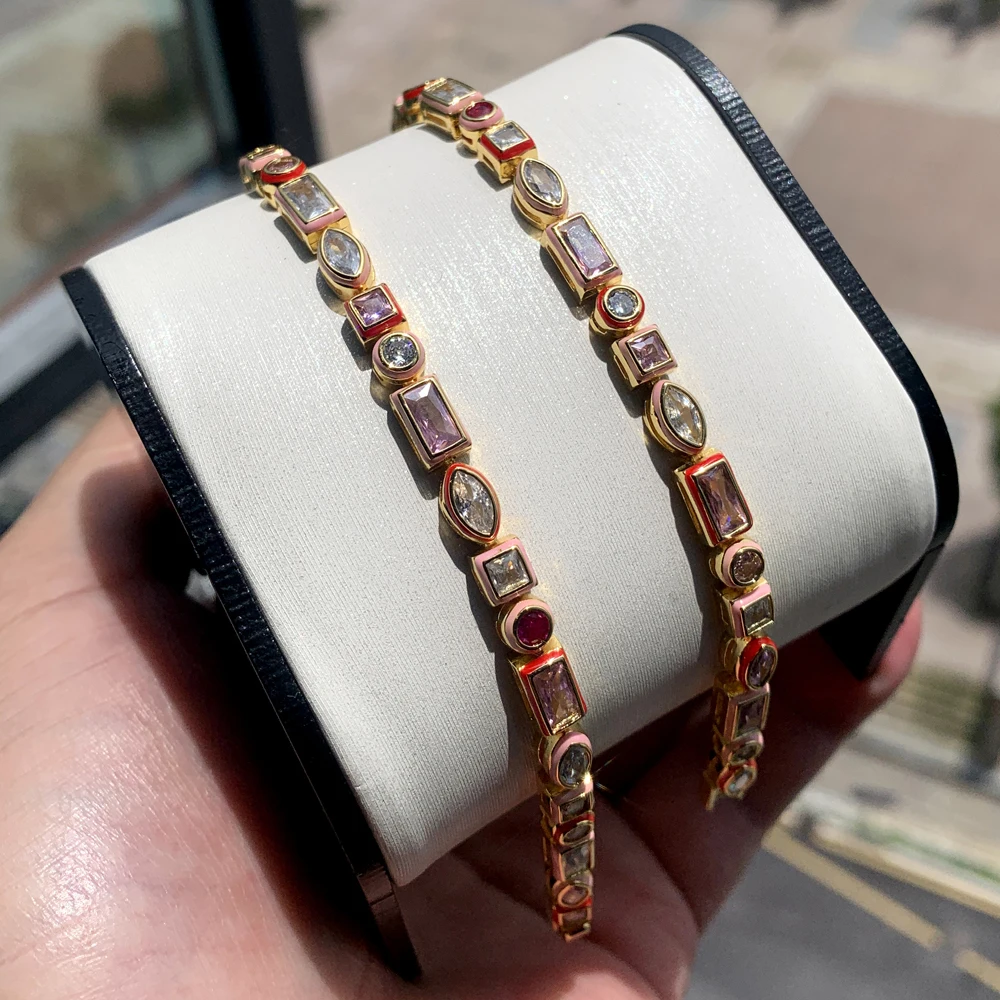 2025 New Fashion Gold Color Colorful Rainbow Bracelet 5A Cubic Zirconia CZ Enamel Geometric Tennis Chain Bangle Women Jewelry