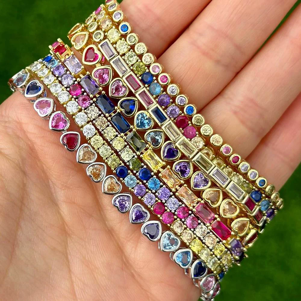 2025 New Fashion Gold Color Colorful Rainbow Bracelet 5A Cubic Zirconia CZ Enamel Geometric Tennis Chain Bangle Women Jewelry