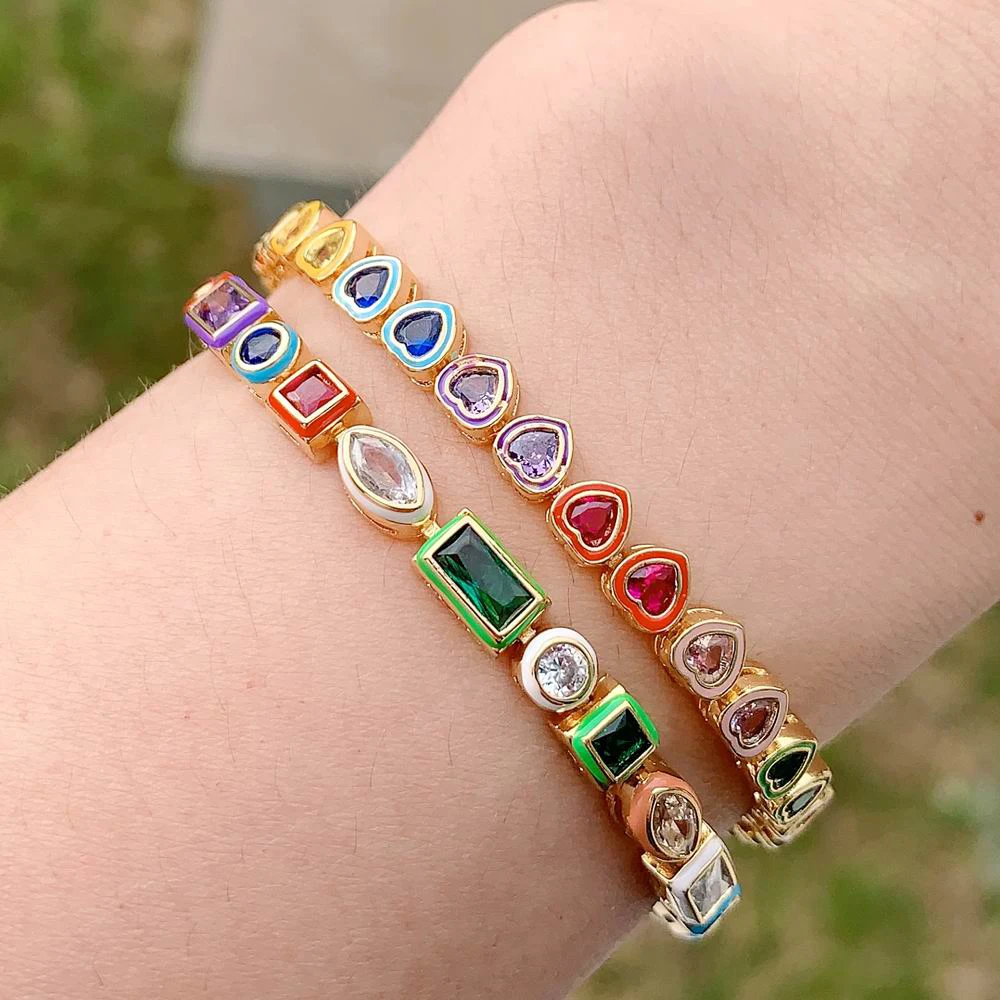 2025 New Fashion Gold Color Colorful Rainbow Bracelet 5A Cubic Zirconia CZ Enamel Geometric Tennis Chain Bangle Women Jewelry