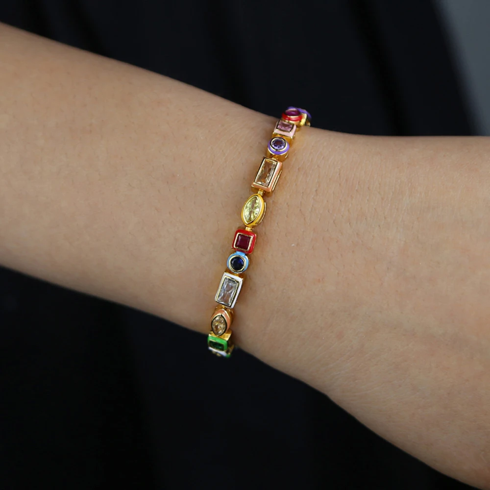2025 New Fashion Gold Color Colorful Rainbow Bracelet 5A Cubic Zirconia CZ Enamel Geometric Tennis Chain Bangle Women Jewelry