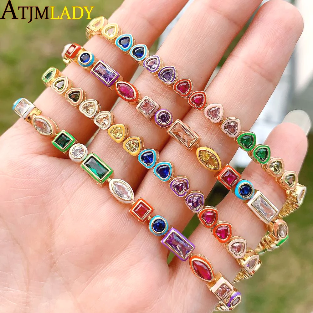 2025 New Fashion Gold Color Colorful Rainbow Bracelet 5A Cubic Zirconia CZ Enamel Geometric Tennis Chain Bangle Women Jewelry