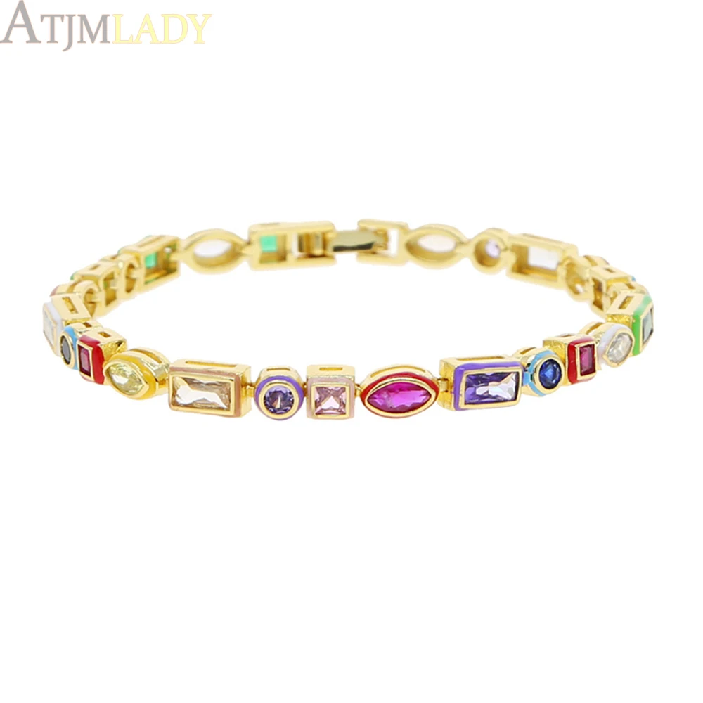 2025 New Fashion Gold Color Colorful Rainbow Bracelet 5A Cubic Zirconia CZ Enamel Geometric Tennis Chain Bangle Women Jewelry