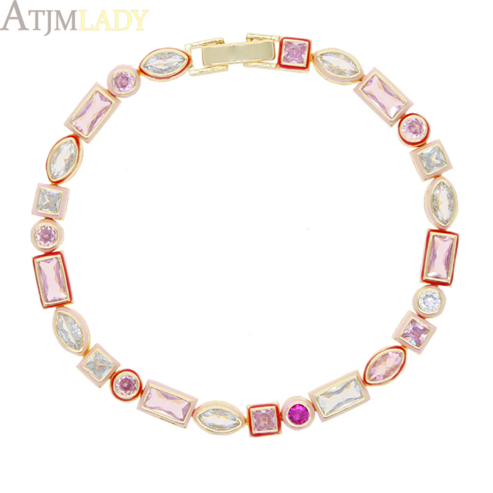 2025 New Fashion Gold Color Colorful Rainbow Bracelet 5A Cubic Zirconia CZ Enamel Geometric Tennis Chain Bangle Women Jewelry