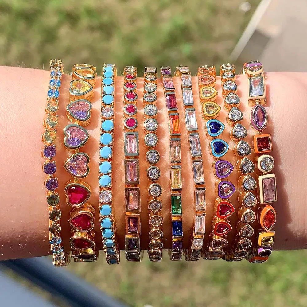 2025 New Fashion Gold Color Colorful Rainbow Bracelet 5A Cubic Zirconia CZ Enamel Geometric Tennis Chain Bangle Women Jewelry