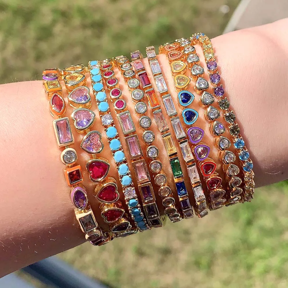 2025 New Fashion Gold Color Colorful Rainbow Bracelet 5A Cubic Zirconia CZ Enamel Geometric Tennis Chain Bangle Women Jewelry