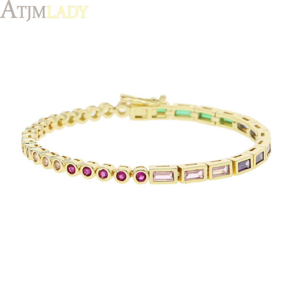 2025 New Fashion Gold Color Colorful Rainbow Bracelet 5A Cubic Zirconia CZ Enamel Geometric Tennis Chain Bangle Women Jewelry