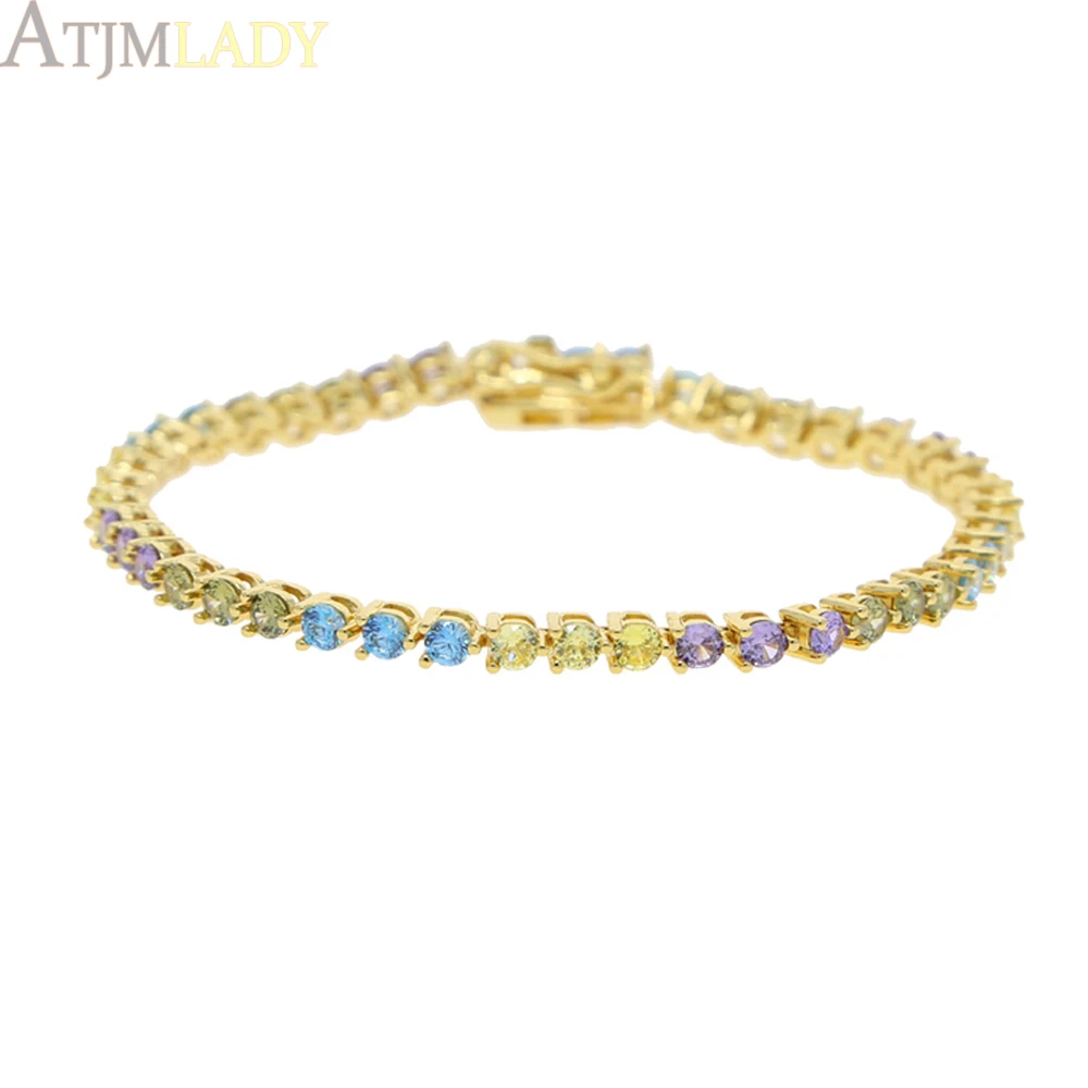2025 New Fashion Gold Color Colorful Rainbow Bracelet 5A Cubic Zirconia CZ Enamel Geometric Tennis Chain Bangle Women Jewelry