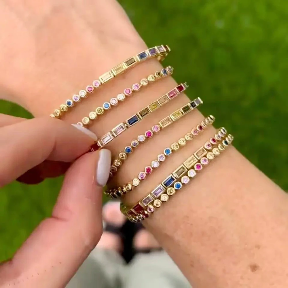 2025 New Fashion Gold Color Colorful Rainbow Bracelet 5A Cubic Zirconia CZ Enamel Geometric Tennis Chain Bangle Women Jewelry